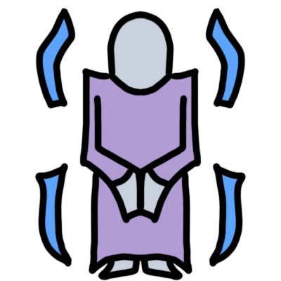 A grey figure wearing a desaturated purple robe has a blue line on either side of it, both lines have a large gap in the center.
